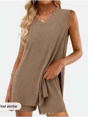 Sleeveless V-Neck Tunic Tank Top - Taupe